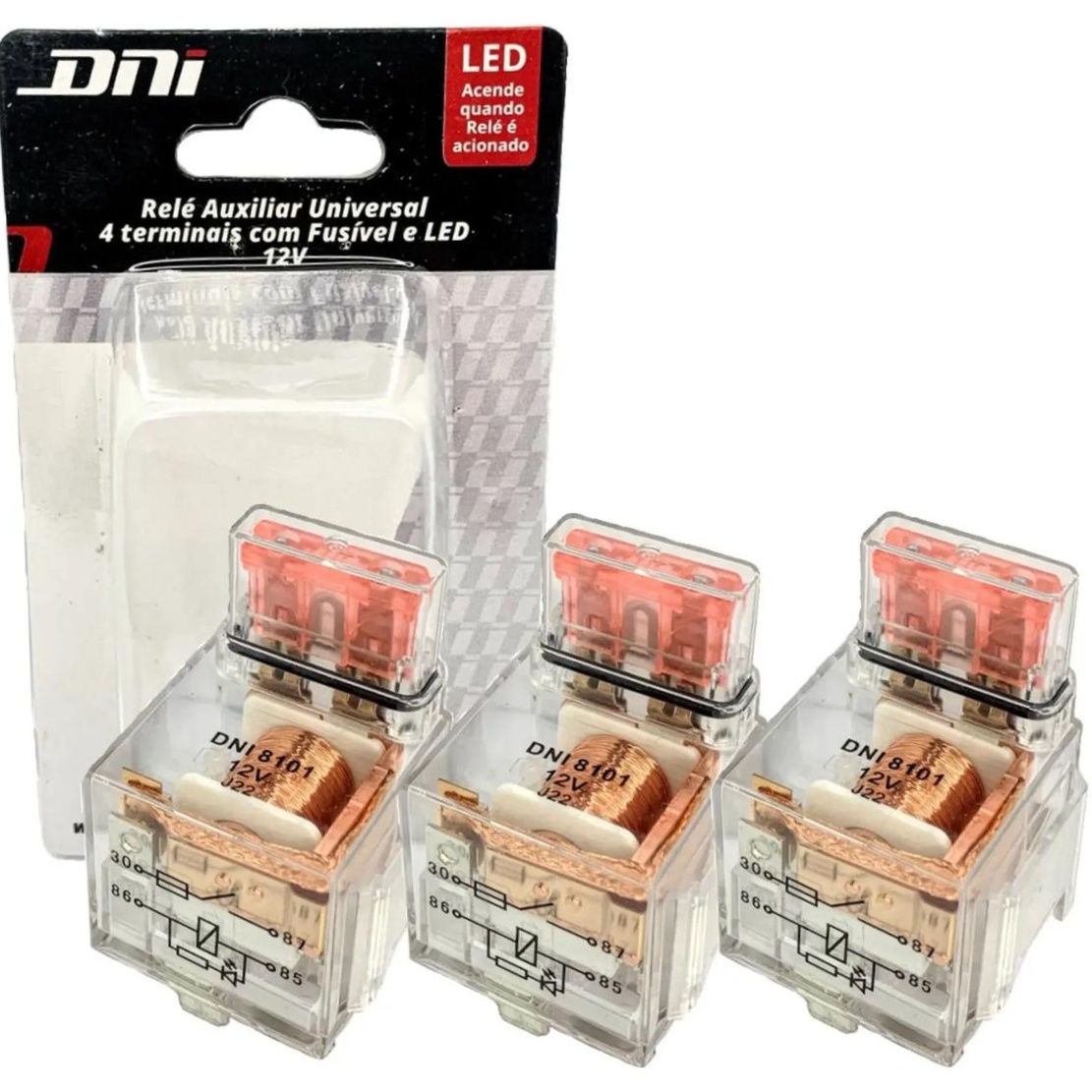 3 Relés Auxiliar Acrílico com LED Fusível 40A 12V 4 Terminais - DNI 8101