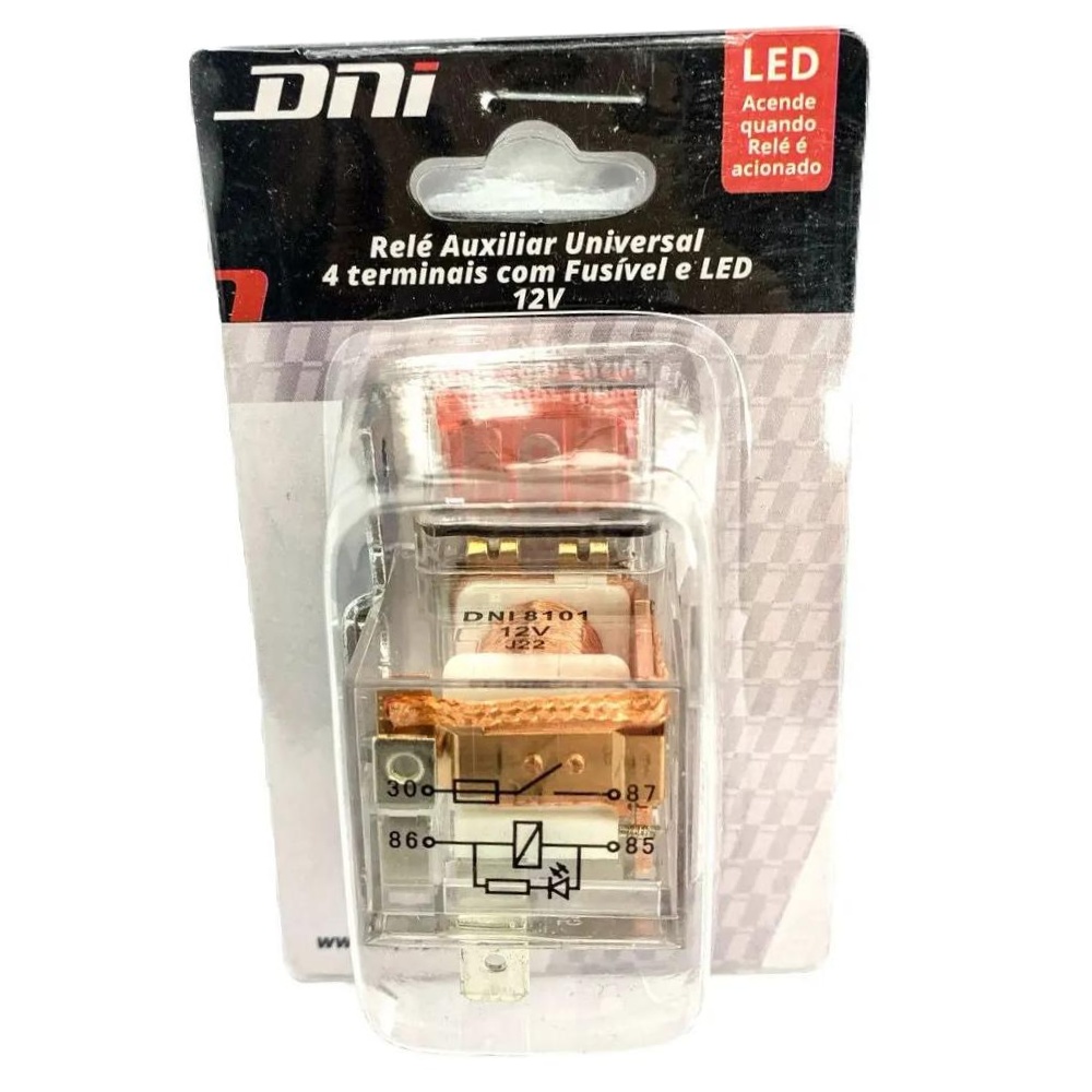 3 Relés Auxiliar Acrílico com LED Fusível 40A 12V 4 Terminais - DNI 8101